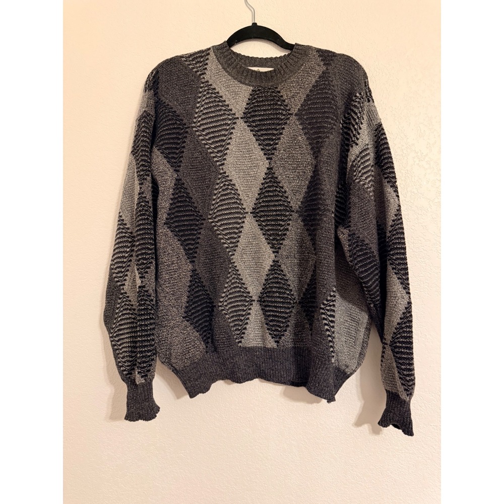 Dalmine Uomo Mens Argyle Knit Sweater Gray Black Made in Italy Crewneck Size L‎